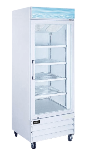 gdm - COOLER - 1 door - 28" - Omcan / 50036 - white cabinet - 4 shelf - casters - European controller and compressor - 115v/3a - N